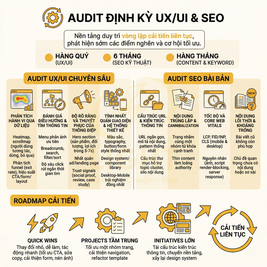 Infographic quy trình audit định kỳ UX UI và SEO với các bước phân tích dữ liệu, tối ưu cấu trúc, nội dung và cải tiến liên tục