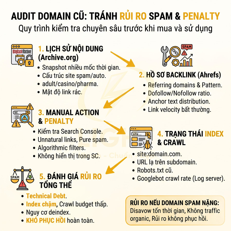 Checklist audit domain cũ tránh rủi ro spam và penalty với 5 bước kiểm tra nội dung, backlink, index và đánh giá tổng thể