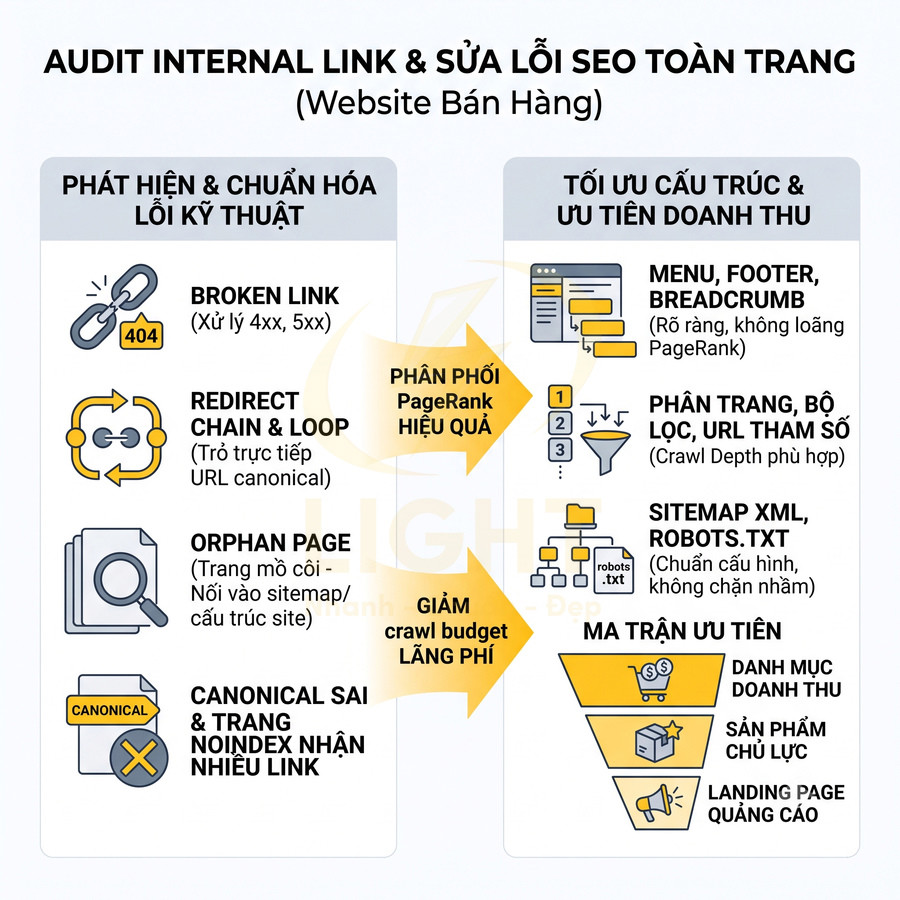 Audit internal link và sửa lỗi SEO toàn trang cho website bán hàng, tối ưu cấu trúc và ưu tiên doanh thu