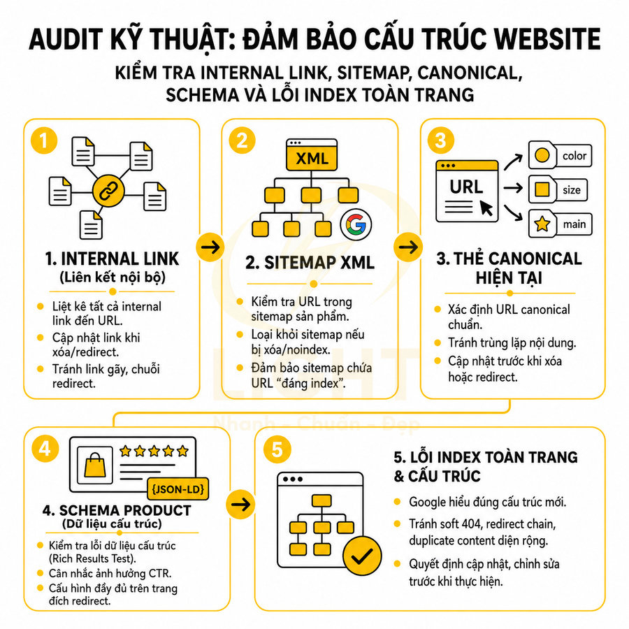 Checklist audit kỹ thuật SEO website với internal link, sitemap XML, thẻ canonical, schema product và lỗi index toàn trang