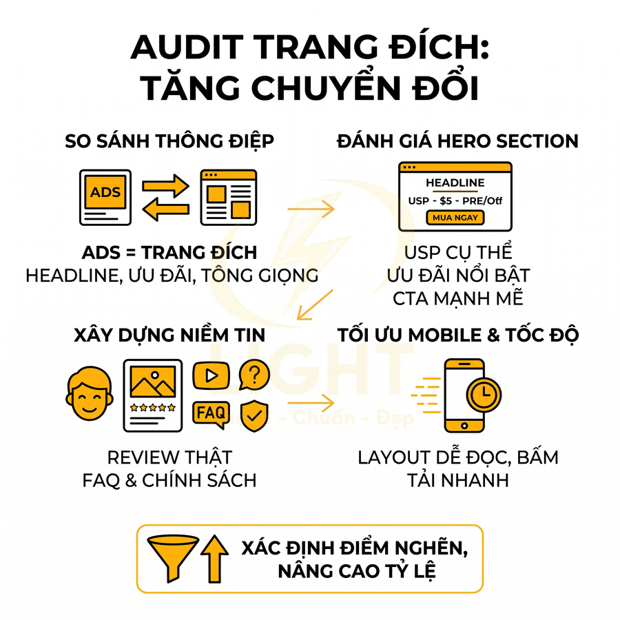 Checklist audit trang đích tăng chuyển đổi với so sánh thông điệp, hero section, niềm tin, tối ưu mobile và tốc độ
