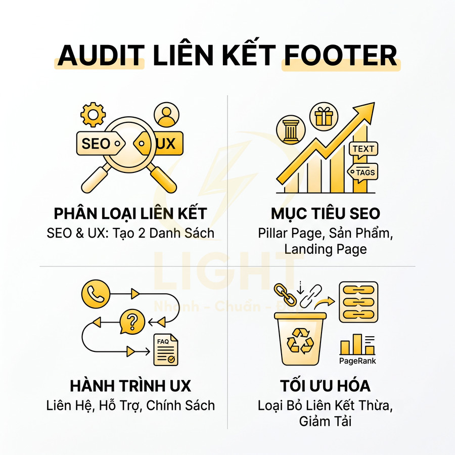 Audit liên kết footer với các bước phân loại liên kết, xác định mục tiêu SEO, hành trình UX và tối ưu hóa liên kết