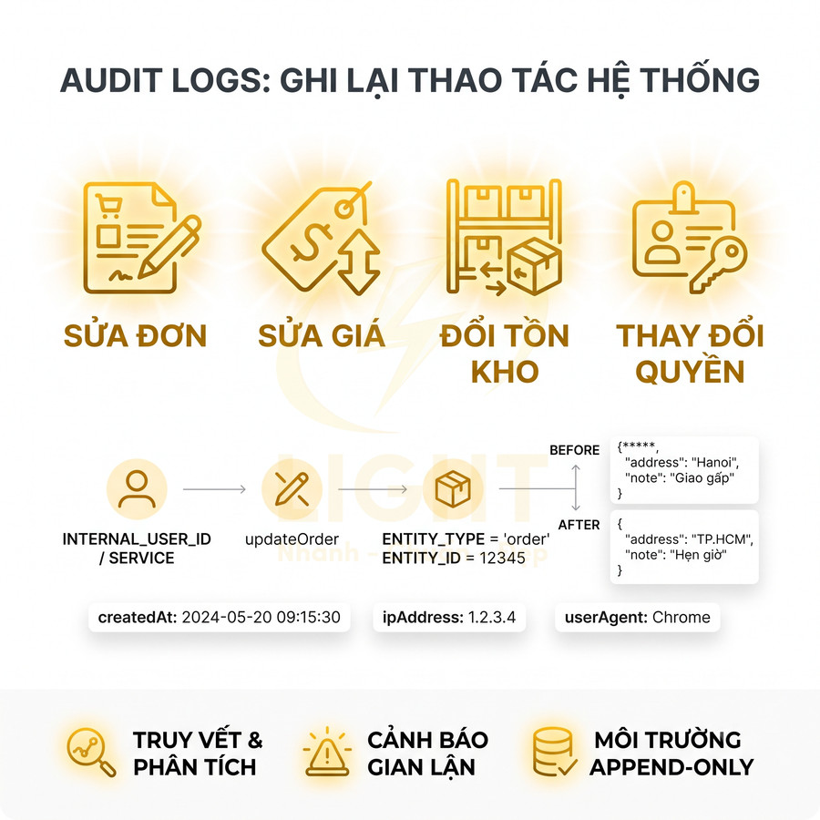 Giao diện tính năng audit logs ghi lại sửa đơn, sửa giá, đổi tồn kho, thay đổi quyền và truy vết phân tích hệ thống