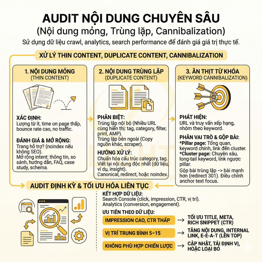 Infographic hướng dẫn audit nội dung chuyên sâu xử lý thin content, duplicate content và keyword cannibalization trong SEO