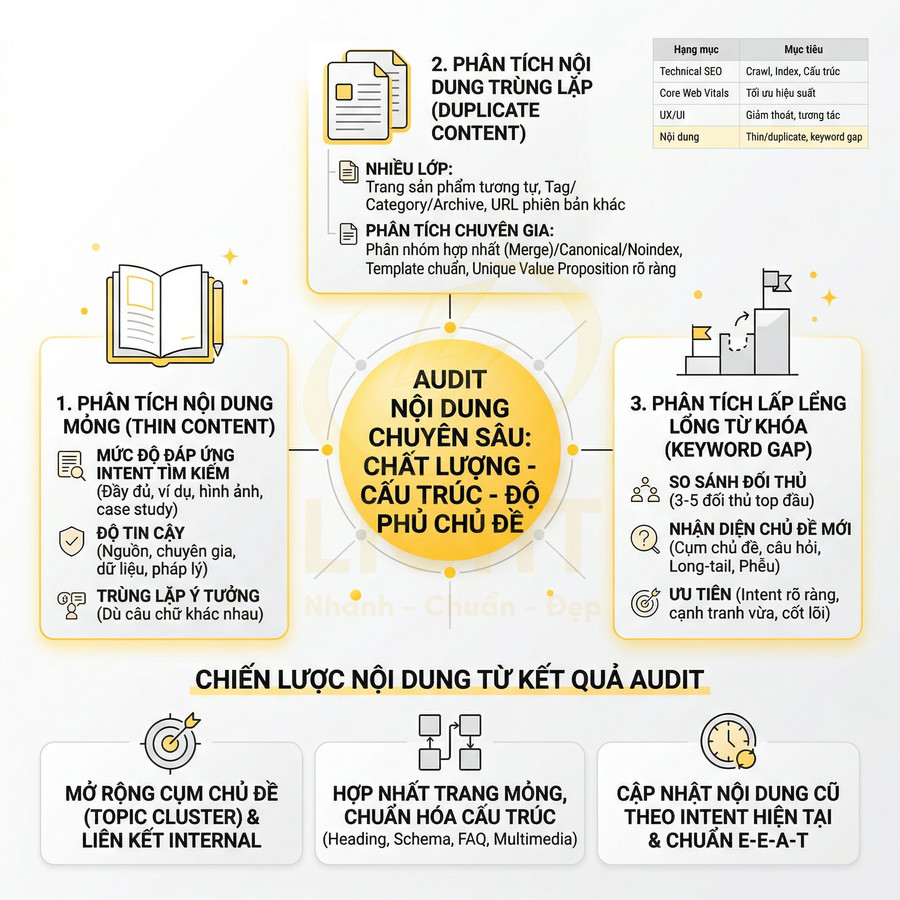 Infographic quy trình audit nội dung SEO: phân tích thin content, duplicate content, keyword gap và chiến lược tối ưu nội dung