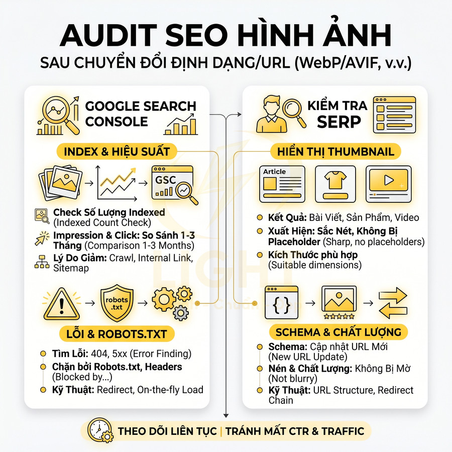 Infographic quy trình audit SEO hình ảnh sau khi đổi định dạng URL với Google Search Console và kiểm tra SERP