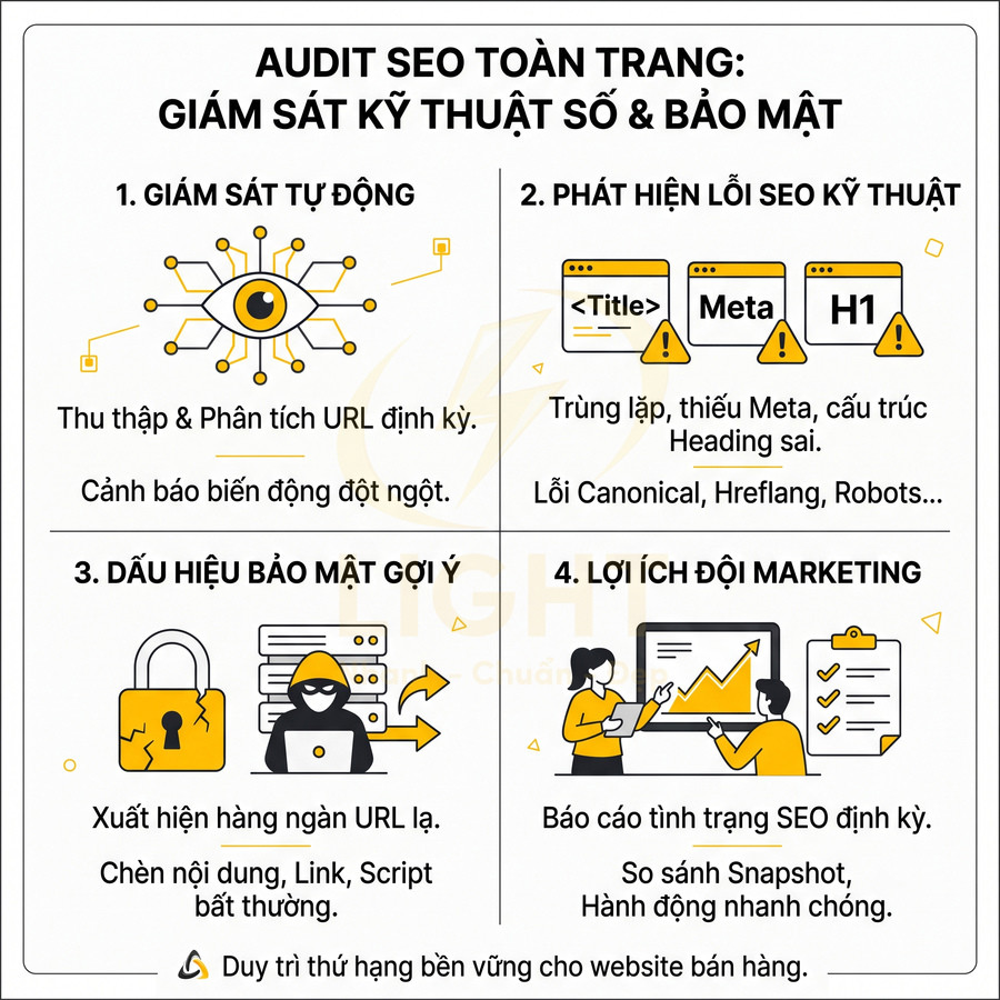 Infographic quy trình audit SEO toàn trang với giám sát kỹ thuật số và bảo mật cho website