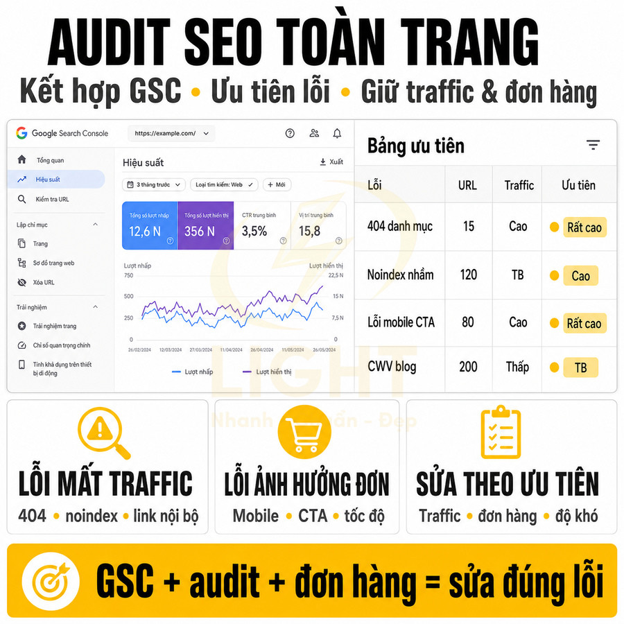 Mô hình audit SEO toàn trang với Google Search Console, bảng ưu tiên lỗi và giải pháp giữ traffic, đơn hàng