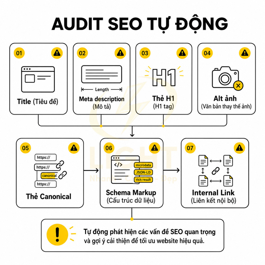 Sơ đồ quy trình audit SEO tự động với các bước kiểm tra title, meta description, H1, alt ảnh, canonical, schema và internal link