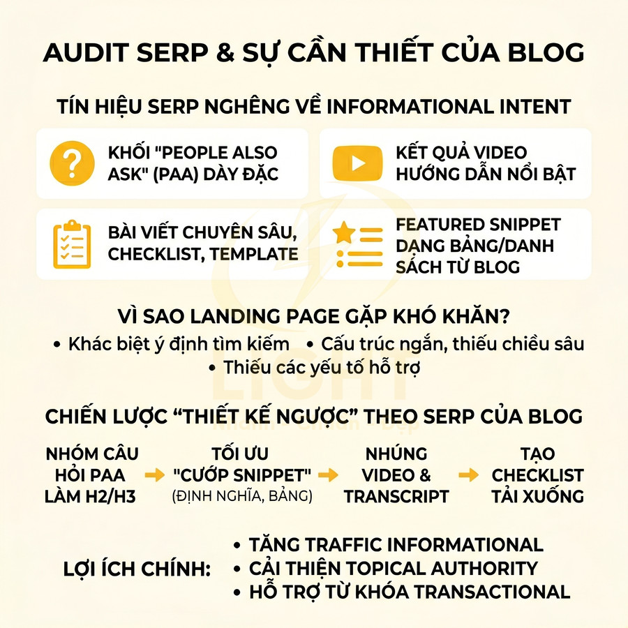 Infographic hướng dẫn audit SERP và chiến lược xây dựng blog chuẩn SEO để tăng traffic informational