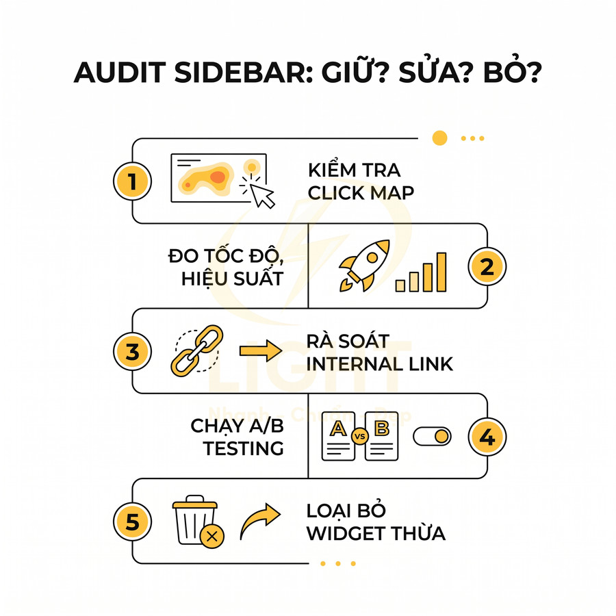 Checklist audit sidebar website với 5 bước tối ưu click map, tốc độ, internal link, A/B testing và loại bỏ widget thừa
