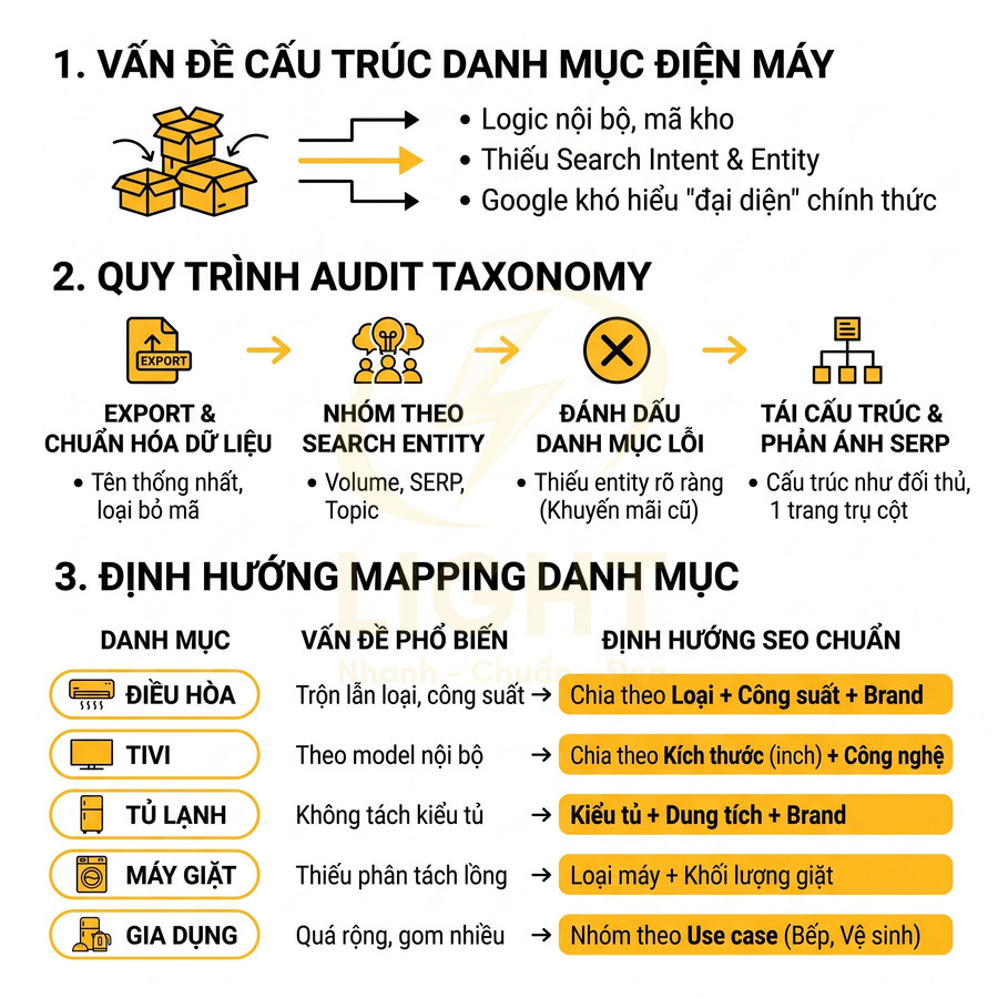 Hướng dẫn audit taxonomy và mapping danh mục SEO cho ngành điện máy với ví dụ điều hòa tivi tủ lạnh máy giặt gia dụng