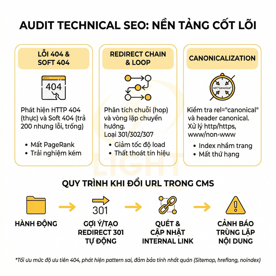 Infographic quy trình audit technical SEO với lỗi 404, redirect chain, canonical và đổi URL trong CMS