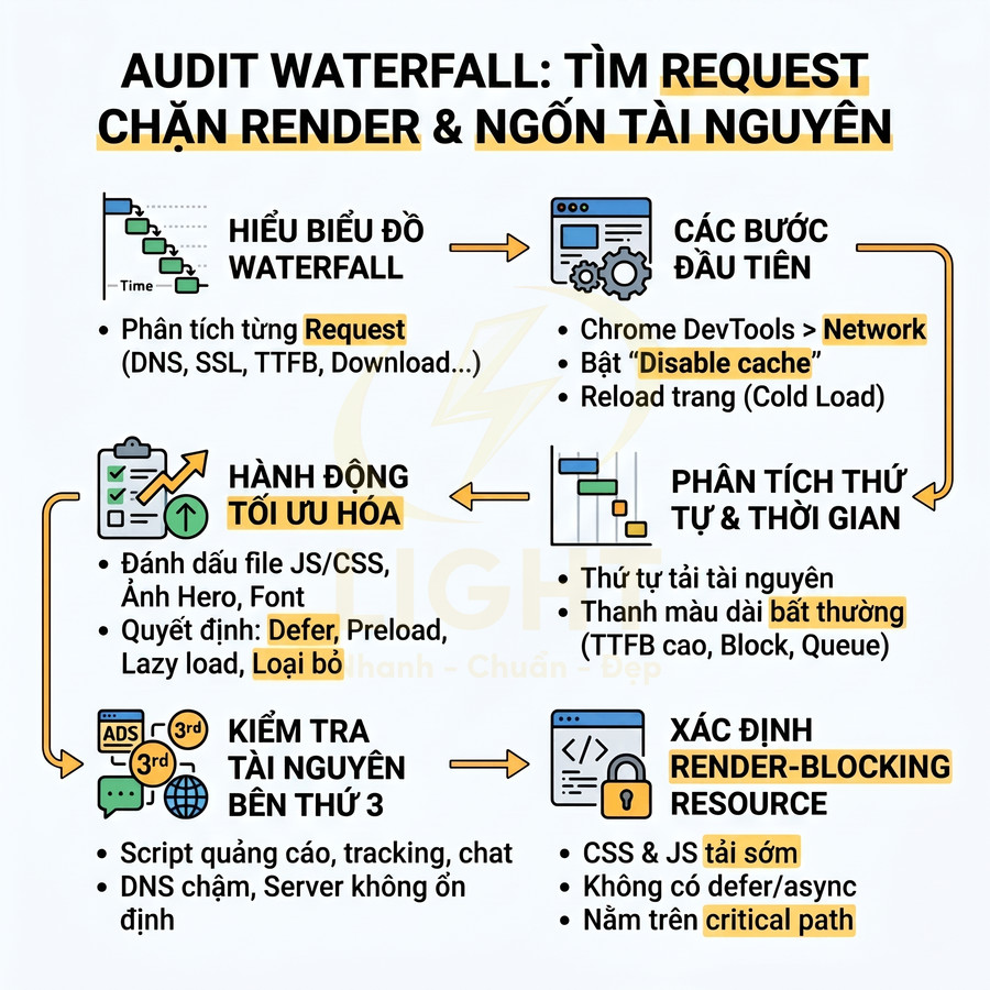 Infographic quy trình audit waterfall tìm request chặn render và tối ưu tài nguyên website bằng Chrome DevTools