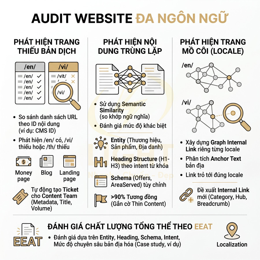 Infographic quy trình audit website đa ngôn ngữ, phát hiện thiếu bản dịch, nội dung trùng lặp và trang mồ côi theo chuẩn SEO