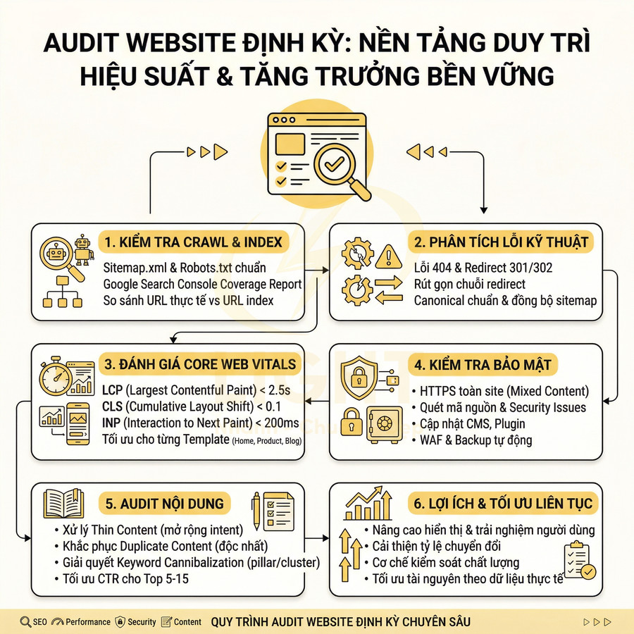 Quy trình audit website định kỳ với 6 bước tối ưu crawl index, kỹ thuật, core web vitals, bảo mật, nội dung và chuyển đổi