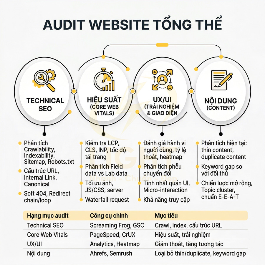 Sơ đồ quy trình audit website tổng thể gồm technical SEO, hiệu suất Core Web Vitals, UX UI và nội dung
