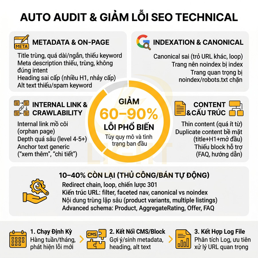 Auto audit giảm lỗi SEO technical với các nhóm lỗi metadata, index, internal link, content và quy trình tối ưu tự động