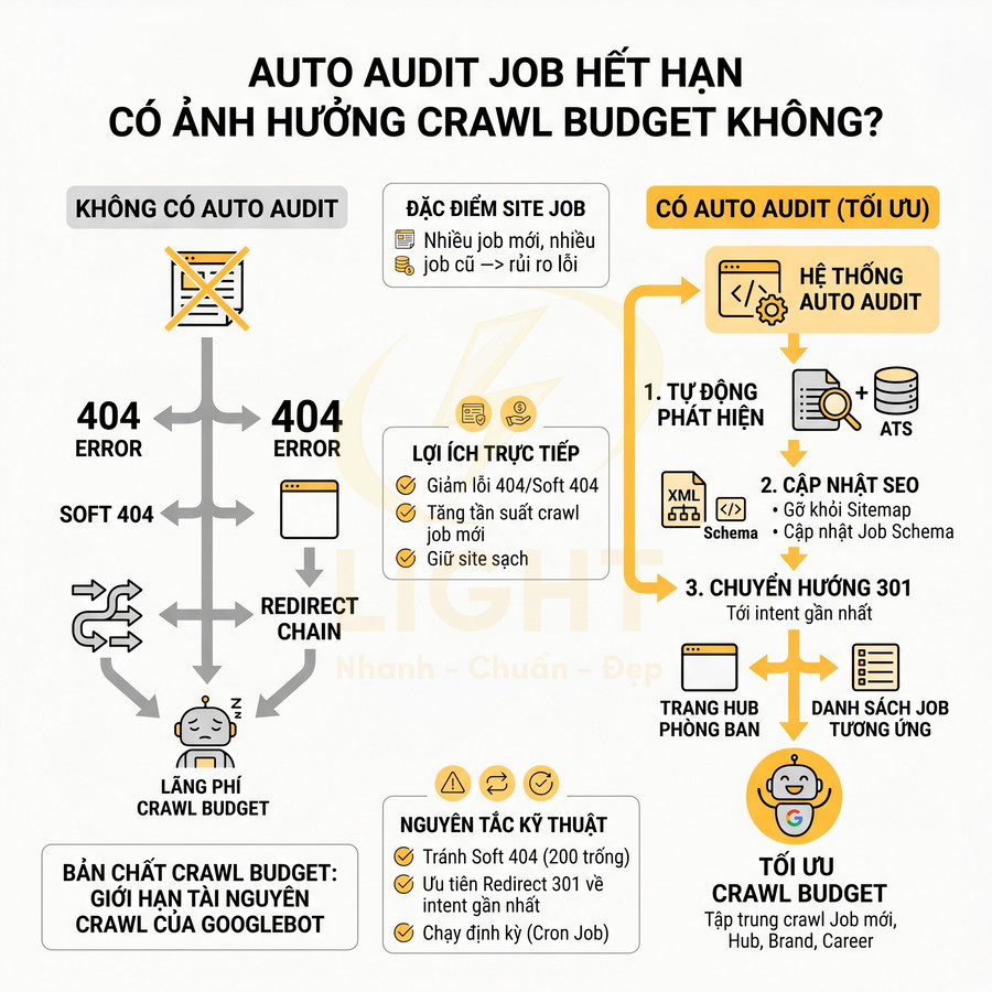 Infographic quy trình auto audit job hết hạn tối ưu crawl budget SEO, giảm lỗi 404 và chuyển hướng 301 cho website tuyển dụng