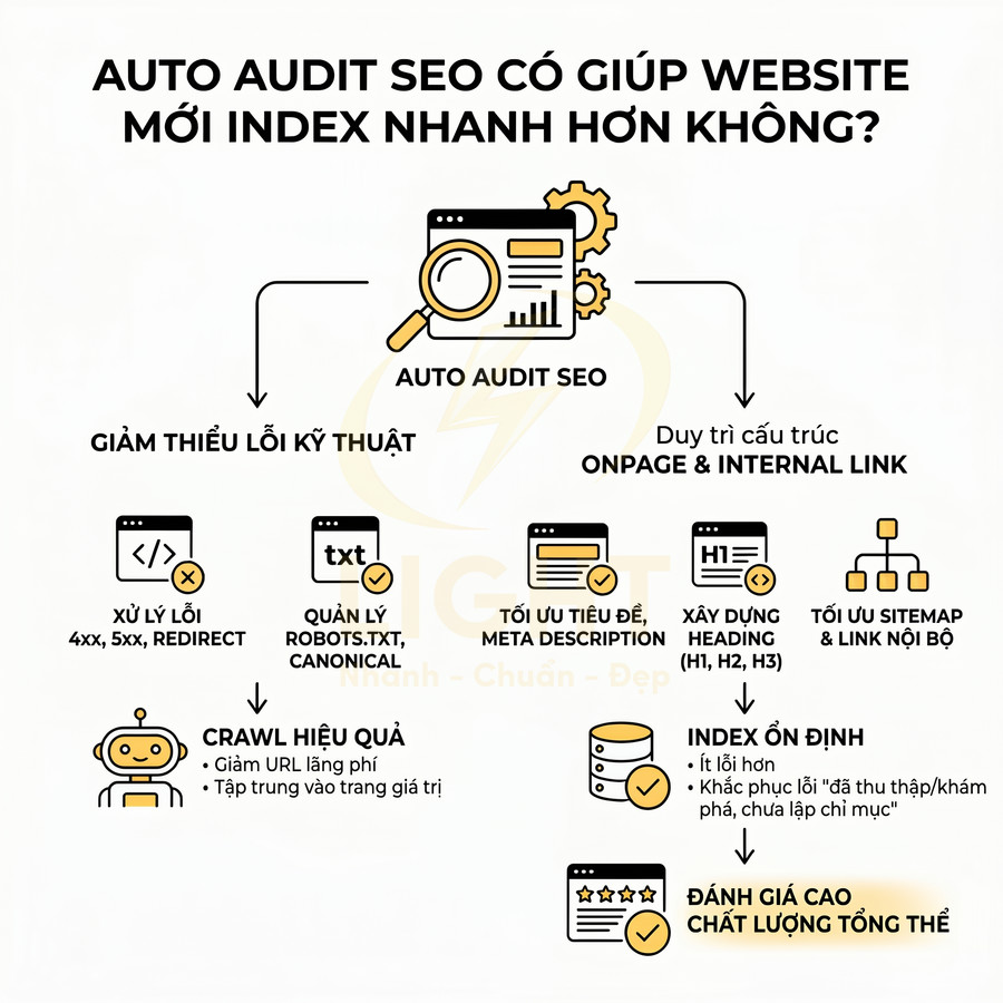 Auto Audit SEO giúp giảm lỗi kỹ thuật, tối ưu onpage và internal link để website index nhanh và ổn định hơn