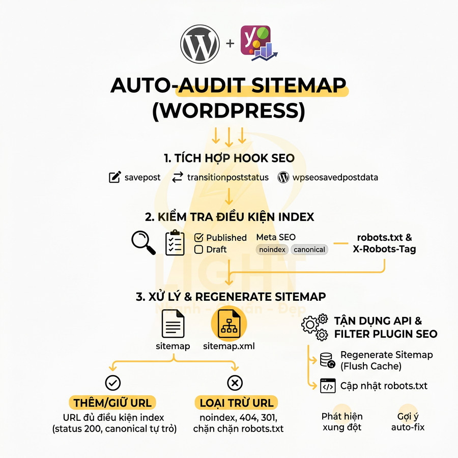 Mô tả quy trình auto audit sitemap WordPress với plugin Yoast SEO và xử lý URL index, noindex
