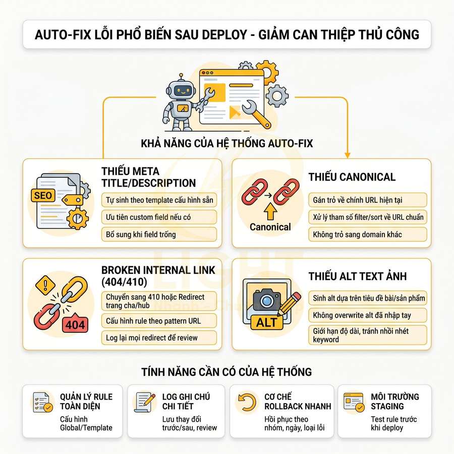 Hệ thống auto fix SEO tự động sửa lỗi meta, canonical, liên kết nội bộ và alt text ảnh sau khi deploy