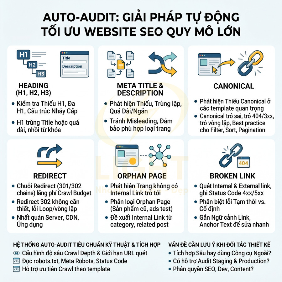 Auto Audit giải pháp tự động tối ưu SEO website lớn với kiểm tra heading, meta, canonical, redirect, orphan page, broken link