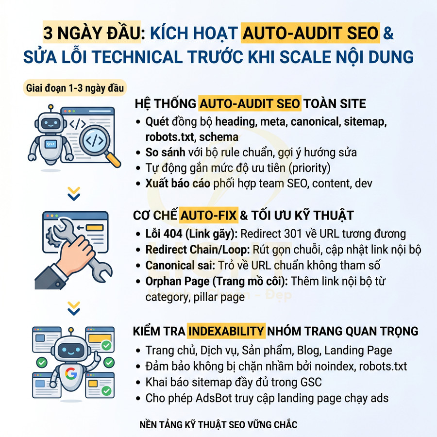 Hướng dẫn kích hoạt auto audit SEO, auto fix lỗi technical và kiểm tra indexability trong 3 ngày đầu triển khai SEO