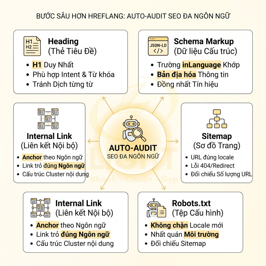 Sơ đồ các bước auto audit SEO đa ngôn ngữ gồm heading, schema, internal link, sitemap và robots txt