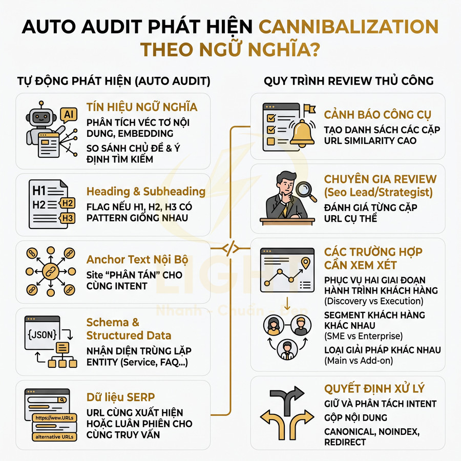 Infographic quy trình auto audit phát hiện cannibalization theo ngữ nghĩa trong SEO với các bước tự động và review thủ công