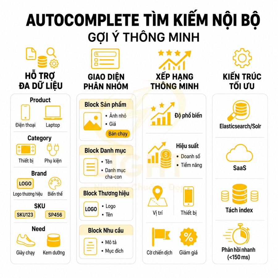Mô tả tính năng autocomplete tìm kiếm nội bộ với gợi ý sản phẩm, danh mục, thương hiệu và kiến trúc tối ưu