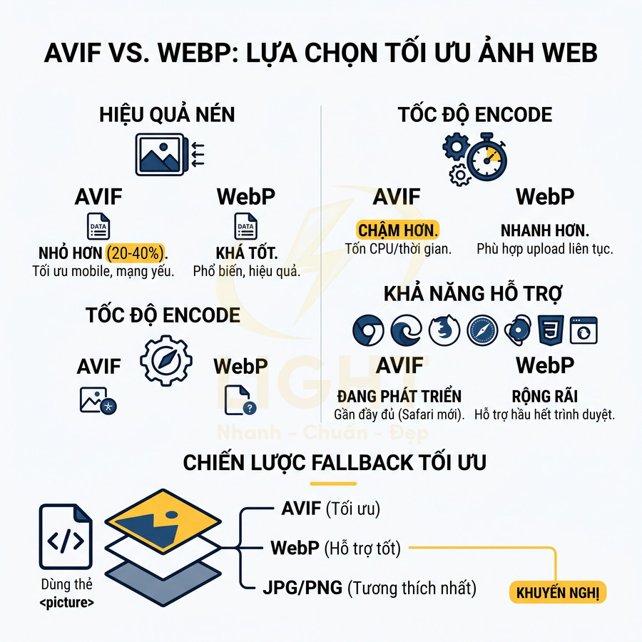 So sánh định dạng ảnh AVIF và WebP về hiệu quả nén, tốc độ encode, khả năng hỗ trợ và chiến lược fallback