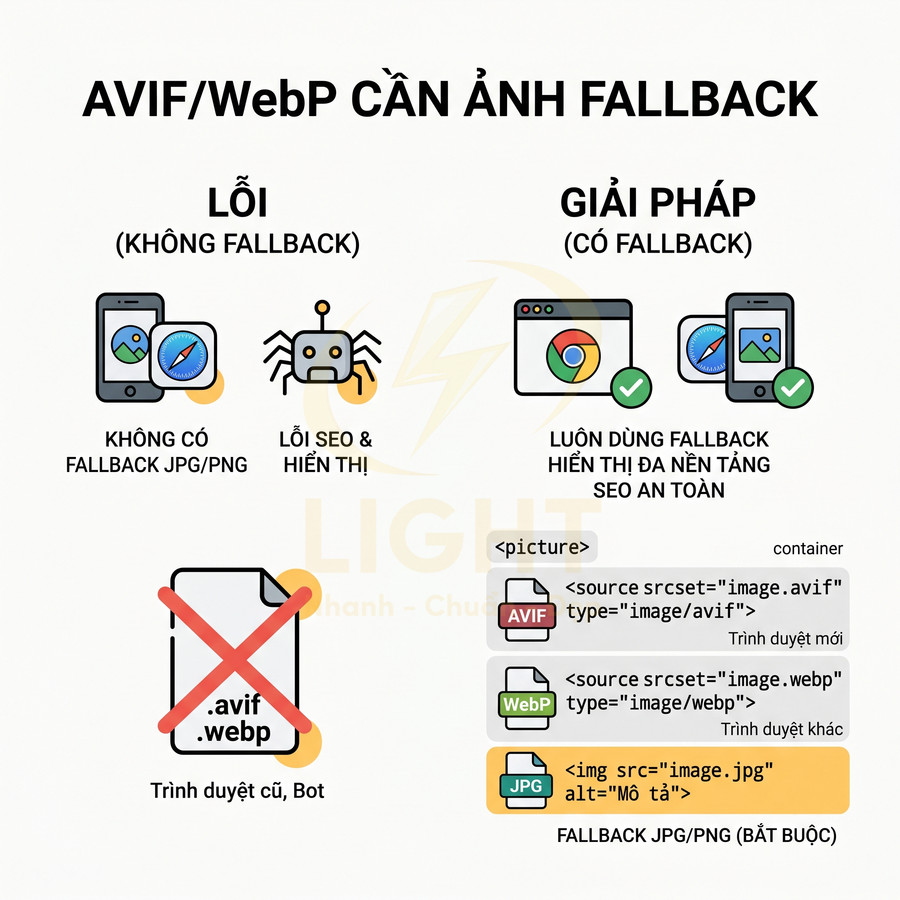 Minh họa hướng dẫn dùng ảnh AVIF WebP kèm fallback JPG PNG để tránh lỗi hiển thị và tối ưu SEO trên trình duyệt