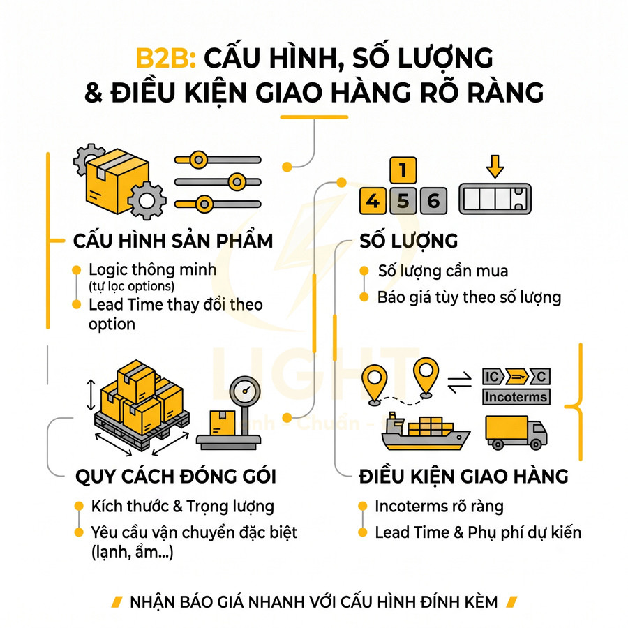 Infographic B2B cấu hình sản phẩm, số lượng, quy cách đóng gói và điều kiện giao hàng rõ ràng
