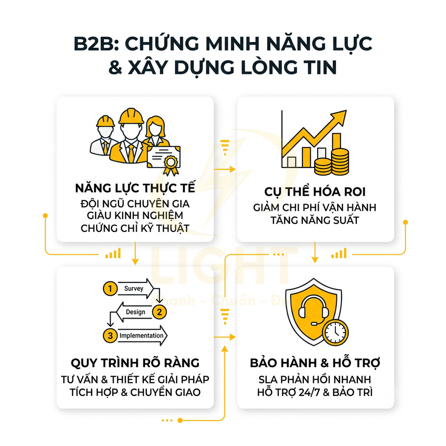 Infographic B2B chứng minh năng lực và xây dựng lòng tin với năng lực thực tế, quy trình rõ ràng, bảo hành và hỗ trợ