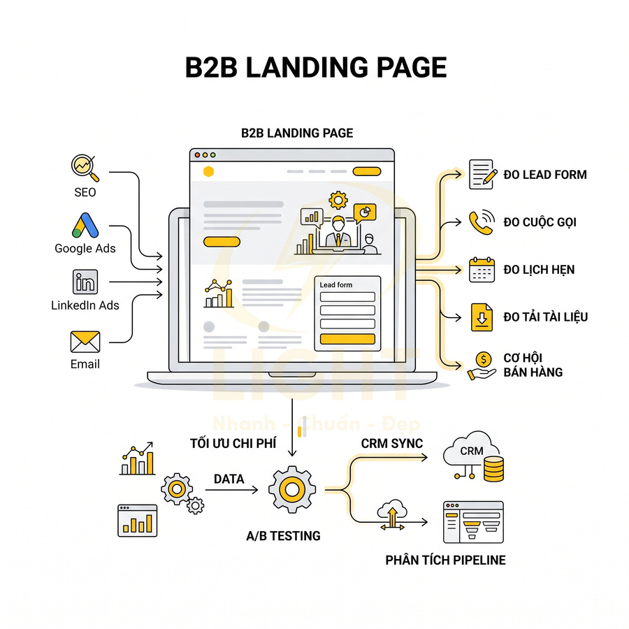 Mô hình B2B landing page trên laptop, kết nối SEO, Google Ads, LinkedIn Ads, email và đo lường lead bán hàng