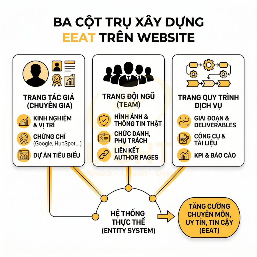 Ba cột trụ xây dựng EEAT trên website gồm trang tác giả, trang đội ngũ và trang quy trình dịch vụ