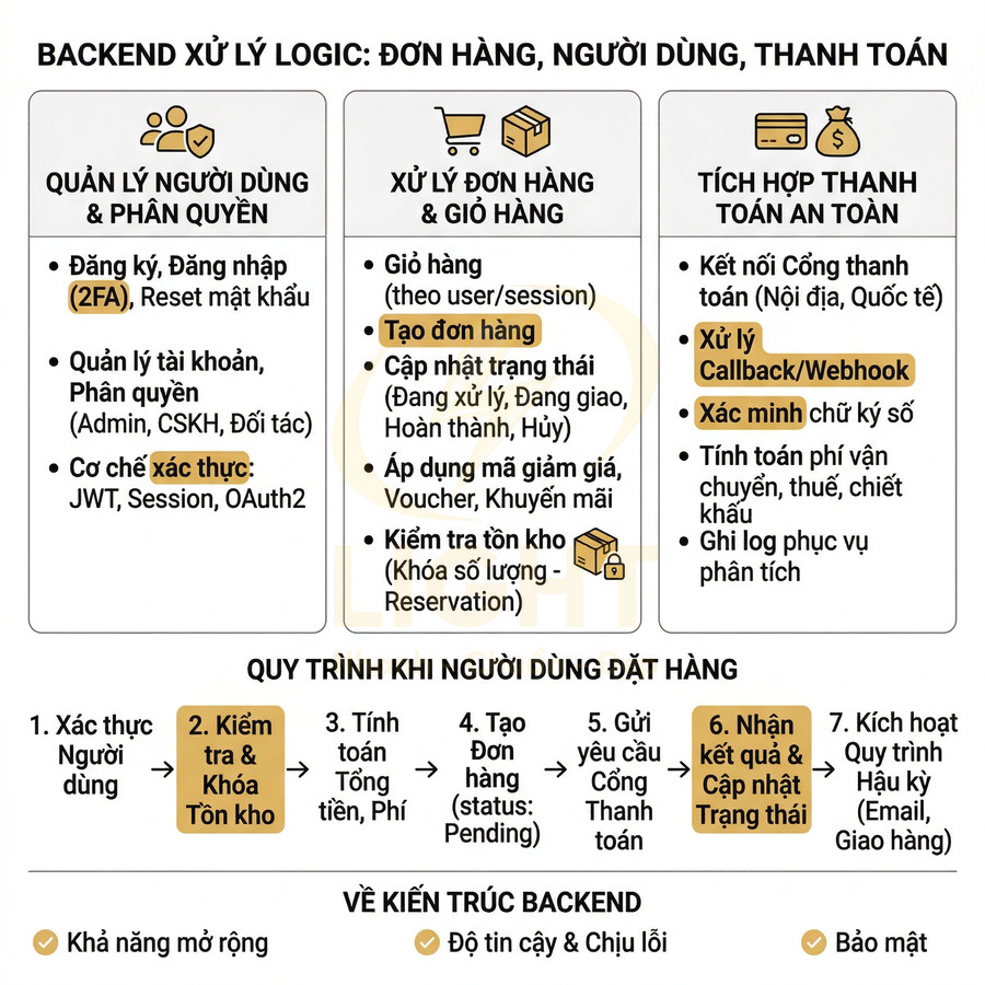 Sơ đồ backend xử lý đơn hàng, người dùng và thanh toán cho hệ thống thương mại điện tử