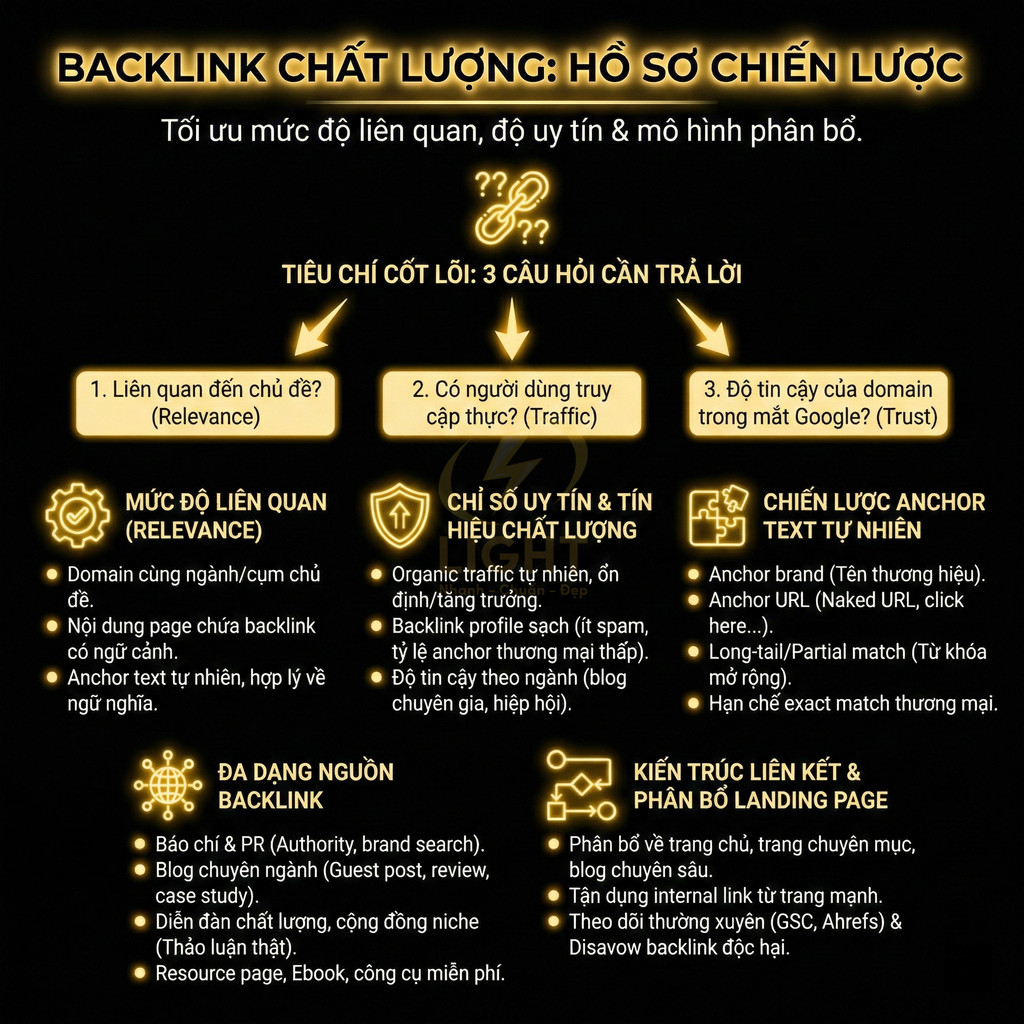Infographic hướng dẫn xây dựng backlink chất lượng với tiêu chí liên quan, traffic, độ tin cậy và chiến lược anchor text tự nhiên