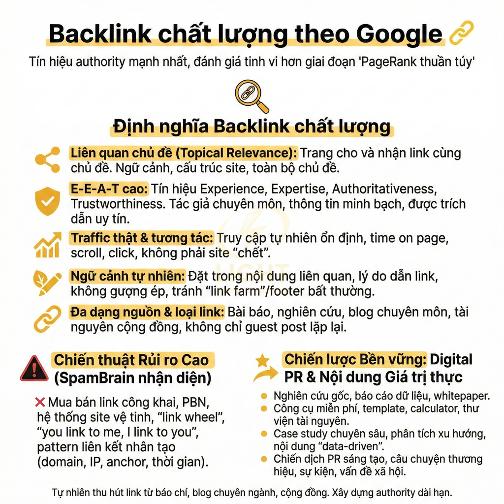 Infographic tiêu chí backlink chất lượng theo Google và chiến lược xây dựng backlink bền vững cho SEO