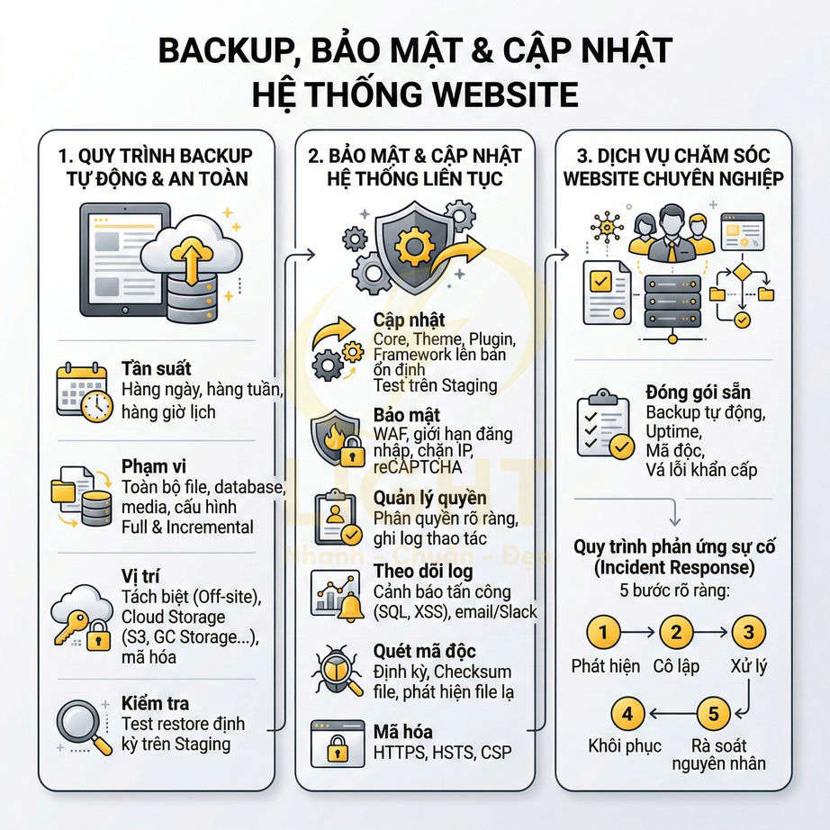 Infographic dịch vụ backup, bảo mật và cập nhật hệ thống website với quy trình tự động và chăm sóc website chuyên nghiệp