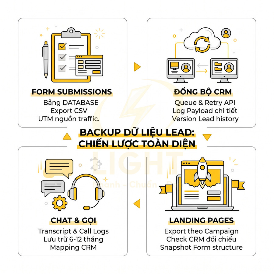 Mô hình backup dữ liệu lead toàn diện với form submissions, đồng bộ CRM, chat gọi và landing pages