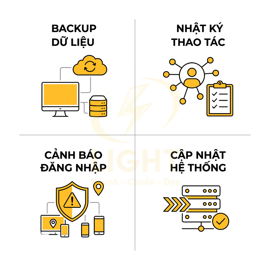 Minh họa tính năng phần mềm quản lý hệ thống gồm backup dữ liệu, nhật ký thao tác, cảnh báo đăng nhập, cập nhật hệ thống