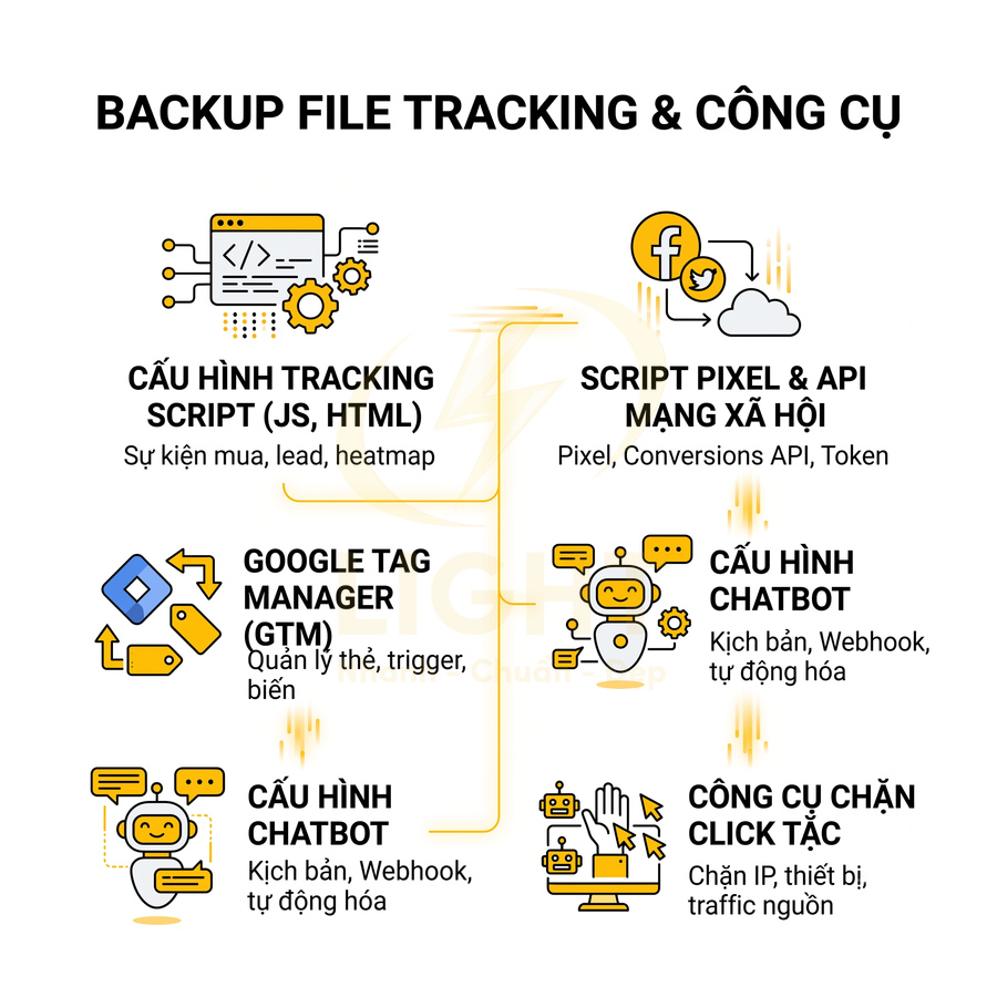 Backup file tracking và công cụ: cấu hình tracking script, Google Tag Manager, chatbot, script pixel, chặn click tặc