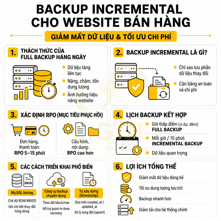 Infographic hướng dẫn backup incremental cho website bán hàng để giảm mất dữ liệu và tối ưu chi phí