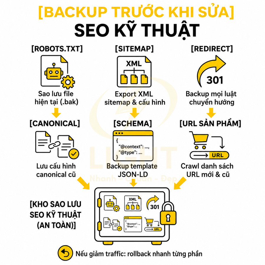 Checklist backup SEO kỹ thuật trước khi sửa website gồm robots.txt, sitemap, redirect, canonical, schema và URL sản phẩm
