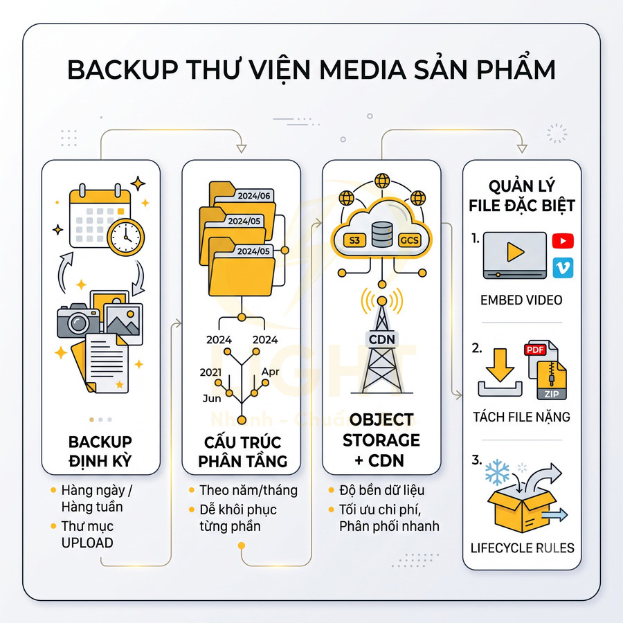 Minh họa quy trình backup thư viện media sản phẩm với cấu trúc phân tầng, object storage CDN và quản lý file đặc biệt