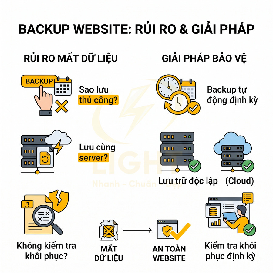 Infographic hướng dẫn backup website an toàn, so sánh rủi ro mất dữ liệu và giải pháp sao lưu tự động, lưu trữ độc lập, cloud