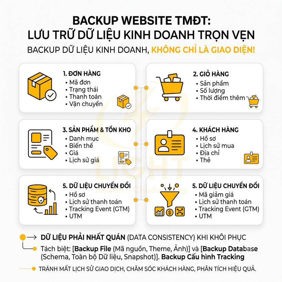 Infographic backup website TMĐT với các loại dữ liệu cần lưu trữ đơn hàng giỏ hàng sản phẩm khách hàng chuyển đổi
