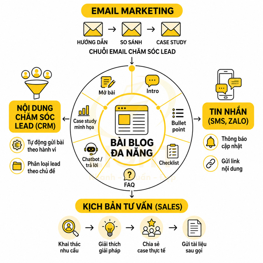 Mô hình chuyển đổi bài blog đa năng thành email marketing, tin nhắn, nội dung CRM và kịch bản tư vấn sales